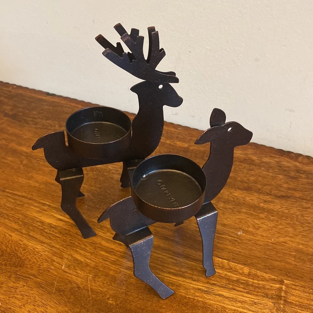 Vintage PartyLite Metal Deer Candle Holders Pair Bronze Buck & Doe Set